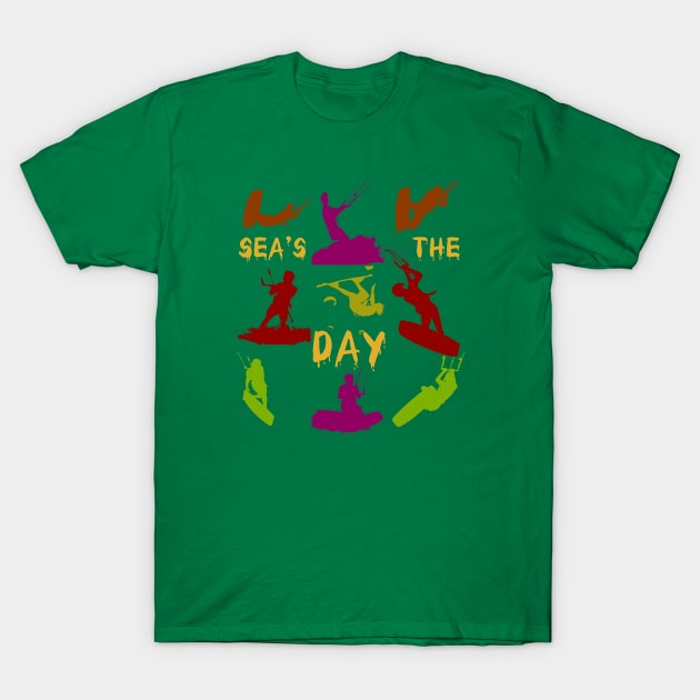 Kitesurfer Silhouette Pattern With Seas The Day Quote T-Shirt by taiche